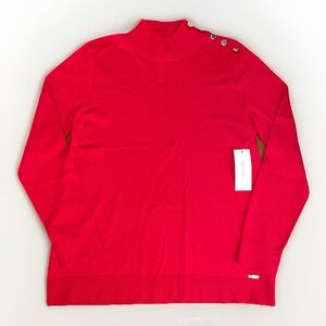NWT Calvin Klein Red Mock Neck Lightweight Sweater Gold Button‎ Accents Size: M